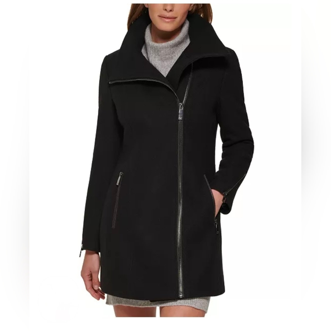 Calvin Klein Women's Asymmetric Front Zipper Black Coat Wool Size S Brand New